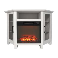 an electric fireplace heater with the door open and glowing fire in it's side