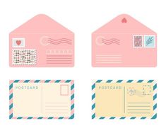 four postcards with envelopes and hearts on the top one is pink, two are blue