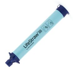 the lifestraw water filter is blue and has a black handle on it's end