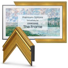 the frame is gold and has a painting on it with an inscription that reads premium options exclusively for samsung the frame