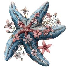 a blue starfish with pink flowers on it's body and two smaller stars