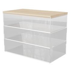 three clear drawers with wooden top on white background