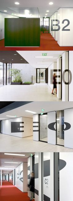 three different images of the inside of a building with doors and numbers on each door