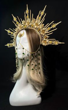 "Our crowns are handmade using quality and variety materials: -headband - zip ties - glass beads - glass rhinestones - artificial flowers - metal filigree The crown or halo crown is light and comfortable to wear. Maximum height spikes 1.5\" or 2.5\" or 4\" or 5.5\". The size of the halo crown is universal for an adult. When ordering, you can choose the color of the crown (gold, silver, black, rose gold) and a large selection colors of glass rhinestones. Our products are perfect for wedding, festival, party, photo shoot or Halloween. The crown (halo crown) will be a great addition to fine photography, will make your look luxurious and unforgettable. ** Processing time and delivery time: Order proccesing time is 1-6 days. If you need an order urgently, please let us know before purchasing an Jewel Headpiece, Crown Inspiration, Cool Crowns, Large Crown, Ornamental Jewelry, Sun Reference, Time Goddess, Sun Clothing, Festival Crown