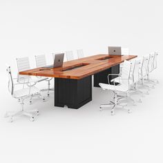 an office table with chairs and laptops on it in front of a white background