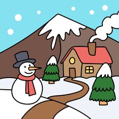 a snowman is standing in the middle of a snowy road with houses and trees