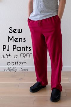 a woman standing in front of a white wall with text overlay saying sew mens pj pants with a free pattern