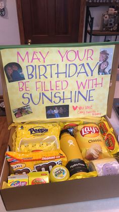 a birthday gift box filled with snacks and condiments for someone's special occasion