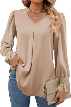 Lantern Sleeved Blouses, V Neck Pullover, Flare Long Sleeve, Simple Blouse, Elegante Casual, Chiffon Shirt, Tunic Shirt, Work Blouse, Dressy Casual