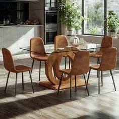 a glass dining table with chairs around it