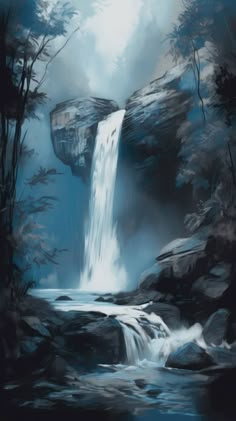 a painting of a waterfall in the woods