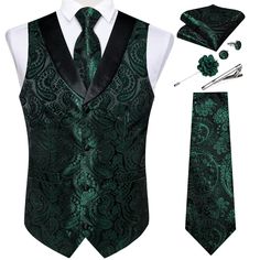 PRICES MAY VARY. 🎁【Mens Suit Vest Set】Green Paisley Waistcoat+Necktie+Pocket Square+Cufflinks+Lapel Pin+Tie Clip+.Same design,perfect match.Not only for personal use, but also excellent gifts to your loved ones on holidays as Christmas, Valentine's Day, Thanksgiving Day,Father's Day, New Yea,Anniversary,birthday ect. 🎁��【Stylish Design】Mens emerald green paisley vest is feature with Sleeveless,Shawl Collar,Single Breasted,Adjustable Waist Strap,Two Real Pockets,4 buttons.Classy paisley embroider Black Suit Vest, Contrast Dress, Mens Suit Vest, Necktie Set, Vest Set, Suit Waistcoat, Paisley Shirt, Vest And Tie