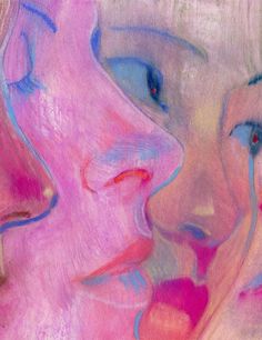 an abstract painting of two women's faces with blue eyes and pink cheeks,