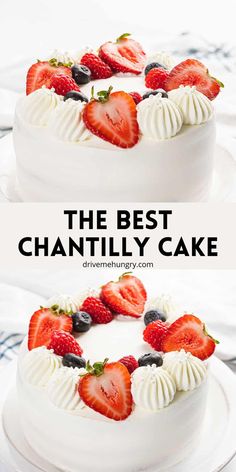 the best cake with strawberries and blueberries on top is shown in two different photos