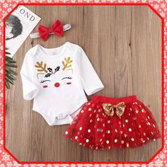 Adorable Winter Theme Outfitlong Sleeve Romper, Red Tulle’ Gold Polka Dot Skirt With Sequin Bow And Matching Hair Bow Tutu Skirt Outfit, Xmas Outfit, Xmas Outfits, Headband Outfit, Christmas Clothes