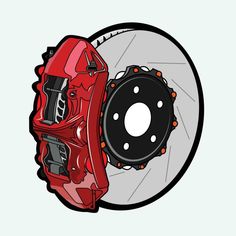 the front brake and disc of a red sports car