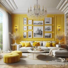 a living room with yellow walls and pictures on the wall