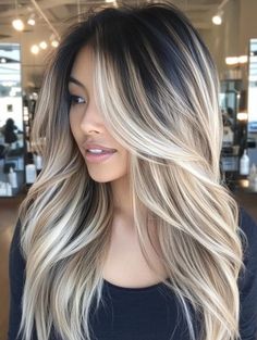 Opposite Ombre Hair, Brunette Roots Blonde Hair Balayage, Hair Bayalage Blond, Ombre Hair Color For Brunettes Long, Blonde In Black Hair, Cool Tone Blonde Balayage Dark Roots, Foils Hair Blonde, Ashy Blonde Balayage Dark Roots, Blonde Partial Balayage