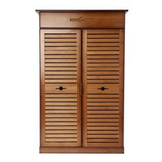 an open wooden cabinet with shutters on the front and side doors, against a white background