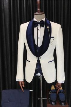 Chapman Fancy White Three Pieces Jacquard Wedding Suits With Navy Blue Shawl Lapel Suits For Guys, Blue Tuxedo Wedding, Navy Blue And Gold Wedding, Best Wedding Suits, White Wedding Suit, White Tux, Purple Prom, Classy Suits, Blue Shawl