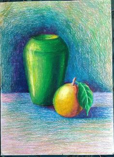 a pastel drawing of a green vase and two oranges on a blue background