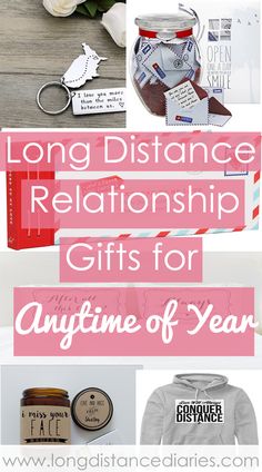 the words long distance relationship gifts for anytime of year are shown in pink and white