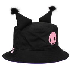 Celebrate your favorite My Melody characters as you get ready for some in the sun with this Kuromi Inspired bucket hat. The hat comes in black and features embroidered art of Kuromi's pink skull logo while a pair of 3D ears completes the character's hood design. The hat is made with high-quality cotton materials and fits most sizes. Fans of the Kuromi character will love this comfy bucket hat. Bucket Hat With Ears, My Melody Characters, Kuromi Cosplay, Kuromi Character, Skull Symbol, Sanrio Outfits, My Kuromi, Hat With Ears, Friends Merchandise