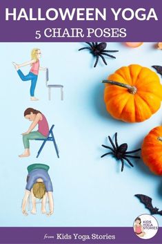 children's yoga poses for halloween with pumpkins and spider on the floor,