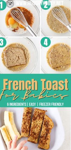 how to make french toast for breakfast on a white plate with bananas and other ingredients