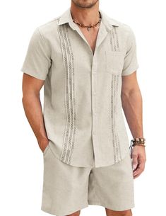 PRICES MAY VARY. Linen Material: Men guayabera linen outfit are made of cotton linen blend fabric. Comfortable and breathable material keeps you feeling cool and relaxed. Fashion Guayabera Set: Mens summer outfits sets is a combo of embroidered shirt and elastic waist shortsfeaturing short sleeve, button down closure, elastic waist with drawstring, two side pockets. Of course, it's not only a combo, the shirt and the short can be also worn separately. Summer Linen 2 Piece Outfits: The short slee Guayabera Outfit, Mens Beach Outfits, Linen Set Outfit, Outfits For Vacation, Cuban Guayabera, Linen Beach Pants, Mens Beach, Cuban Shirts, 2 Piece Short Set