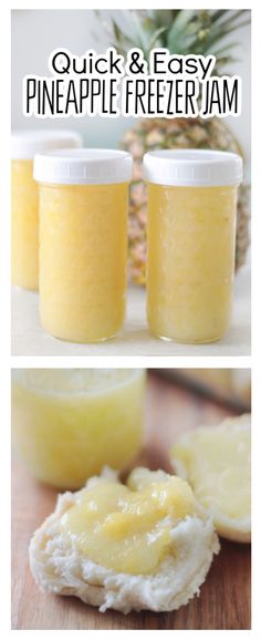 pineapple freezer jam recipe in jars with text overlay