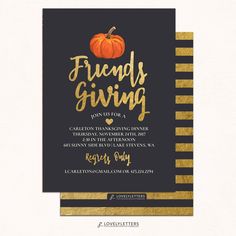 a black and gold thanksgiving card with a pumpkin on the front, reads friends giving