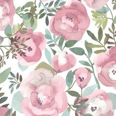 watercolor pink flowers on white background with green leaves and buds in the center, seamless