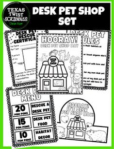 the front and back cover of a desk pet shop set with instructions for each item