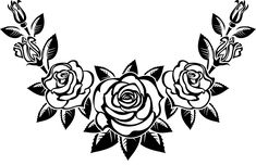 black and white drawing of three roses with leaves on the bottom, surrounded by smaller flowers