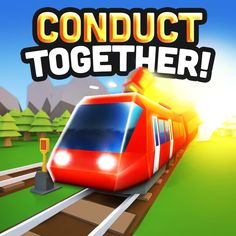 a red train is coming down the tracks and says, conduct together on it's side