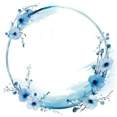 blue flowers and leaves are arranged in a circle