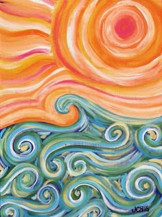 an abstract painting with swirls and sun in the sky above water, on canvas