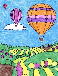 a drawing of two hot air balloons flying in the sky over a green field with flowers