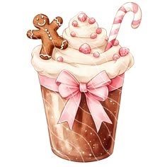 a watercolor drawing of a cupcake with a candy cane and a gingerbread