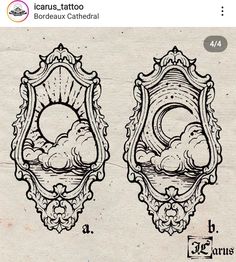 a drawing of two mirrors with clouds in the middle and one on the other side