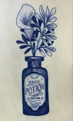 a drawing of a potted plant in a glass jar with the words magic potter on it