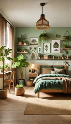 a bedroom with green walls and plants on the shelves