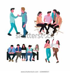 people sitting and standing around talking to each other in different positions, with one person on the