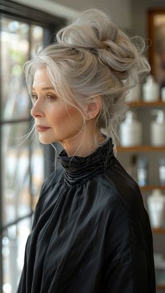 24 Bold Hairstyles for Older Women Older Punk Women, Long Silver Hair Older Women, Updo Hairstyles For Long Hair, Long Hair Older Women, Hairstyles For Older Women, Grey Hair Inspiration, Long Gray Hair, Age Defying, Women Over 50