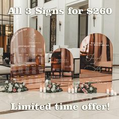 three large mirrors sitting on top of a floor next to candles and flowers with the words, all 3 signs for $ 240 limited time offer