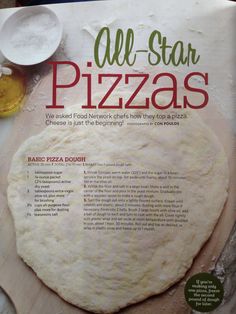 an advertisement for all star pizzas on a cutting board with dough and beer in the background