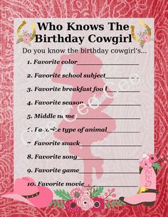 a pink birthday card with the words who knows the birthday cowgirl?