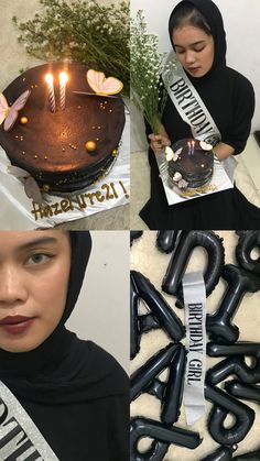 a collage of photos showing a woman holding a cake with candles on it and flowers in her hair