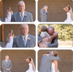 a collage of photos showing the bride and groom hugging each other at their wedding